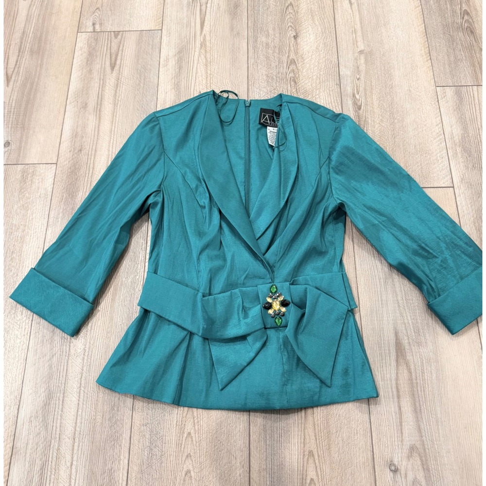 Alex Evenings Teal Green Shantung Bow Peplum Top Rhinestone Brooch Vintage Sz S